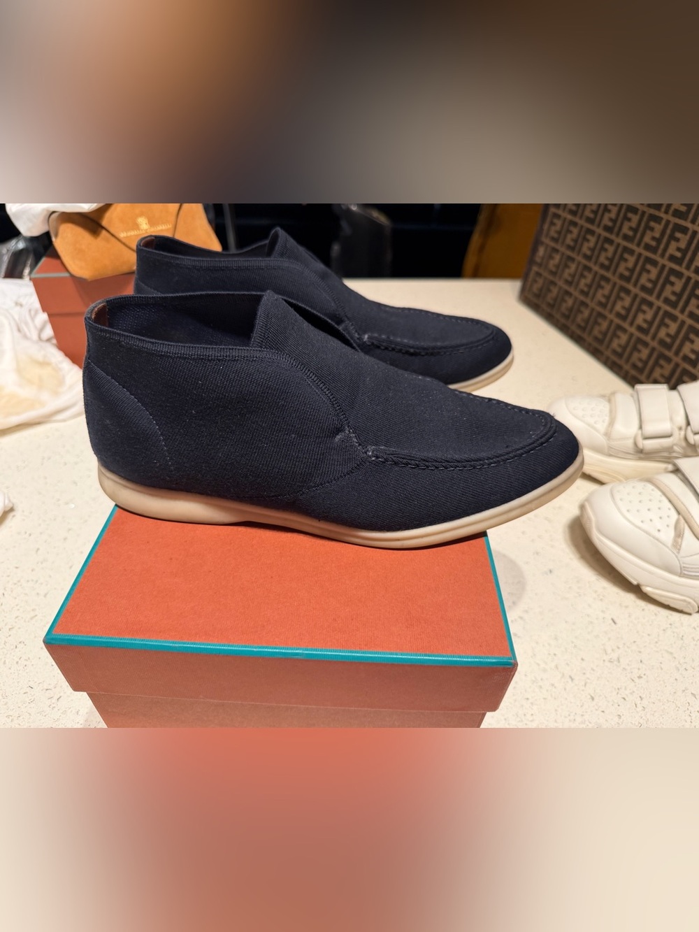 Loro piana open walk  Casual Slip-On Canvas Shoes in Blue beige loafer